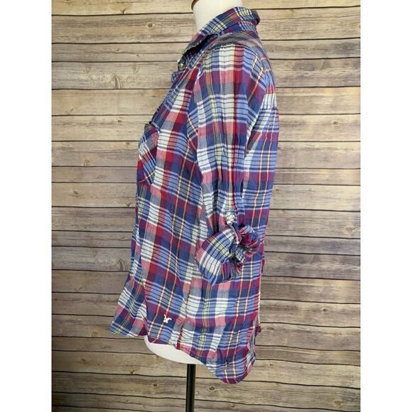 American Eagle Womens M Vintage Boyfriend Plaid Top Button Front Tabbed Sleeves - Picture 4 of 10